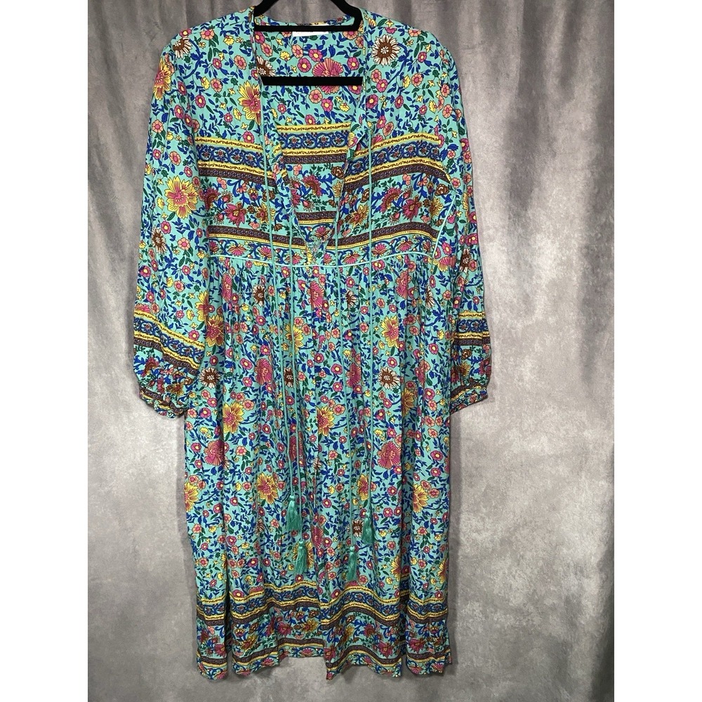 R.Vivimos Womens Dress Floral Print Retro V Neck Tassel Bohemian Midi Sz XL Boho